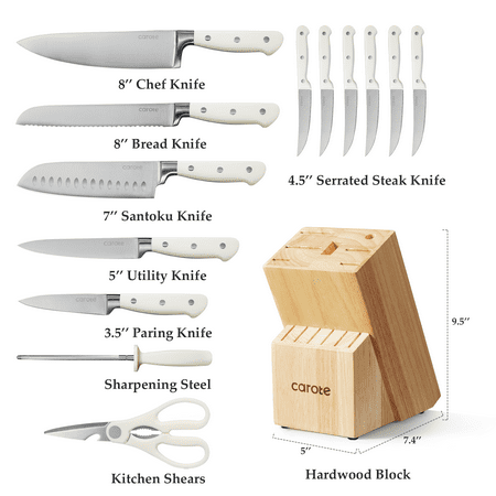 Carote 14 Pcs Knife Set with Wooden Block Stainless Steel Knives with Ergonomic Handle, Forged, White