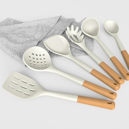 Large Silicone Cooking Utensils - Heat Resistant Kitchen Utensil Set with Wooden Handles, Spatula,Turner, Slotted Spoon, Pasta server, Kitchen Gadgets Tools Sets for Non-Stick Cookware (Warm White)