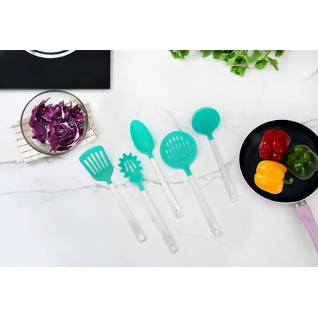 Mainstays Stainless Steel and Nylon Cooking Tool Set, Spoon, Spatula, Ladle, Pasta Spoon and Skimmer Assorted Colors