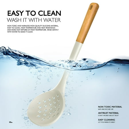 Large Silicone Cooking Utensils - Heat Resistant Kitchen Utensil Set with Wooden Handles, Spatula,Turner, Slotted Spoon, Pasta server, Kitchen Gadgets Tools Sets for Non-Stick Cookware (Warm White)