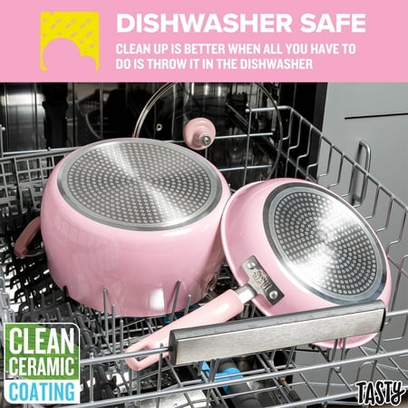 Tasty Clean Ceramic 16 Piece Non-Stick Aluminum Cookware Set, Pink