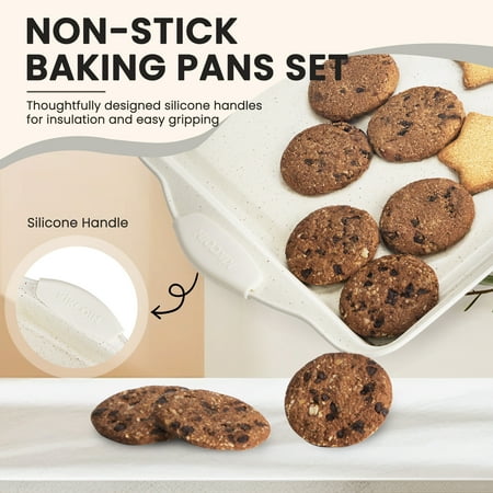 Kikcoin Bakeware Set, 22-Piece Baking Pans Set Kitchen Carbon Steel Baking Sheet Pans with Silicone Handles, Cookie Sheets Nonstick(Beige), Beige