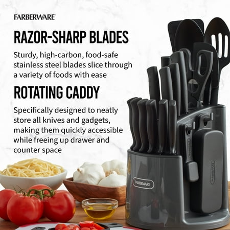 Farberware Classic 30-Piece Spin-N-Store Rotating Carousel Stainless Steel Knife Set & Tool Set Gray, Gray