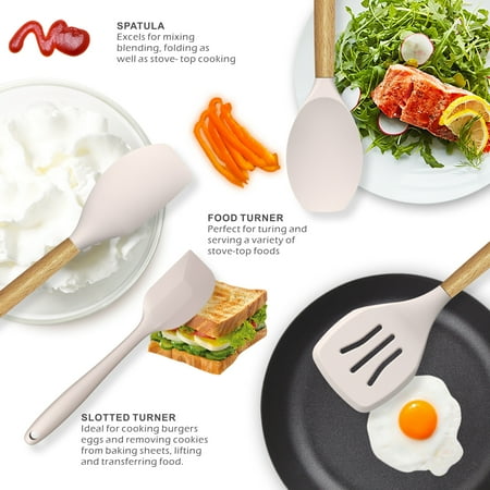 oannao Silicone Cooking Utensils Set - 446?F Heat Resistant Silicone Kitchen Utensils for Cooking,Kitchen Utensil Spatula Set w Wooden Handles,Holder, BPA FREE Gadgets for Non-Stick Cookware (Khaki), Beige