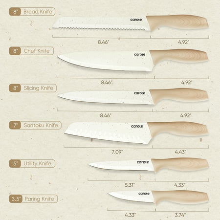 Carote 12Pcs Kitchen Knife Set with Blade Guards, White Granite Ceramic Knife, Stainless Steel, Off-White