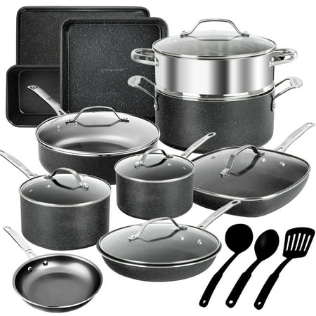Granitestone Nonstick Pots and Pans 20 Pcs Set Kitchen Cookware Set Bakeware Cooking Frying Skillet Sauce Pan Black, Black