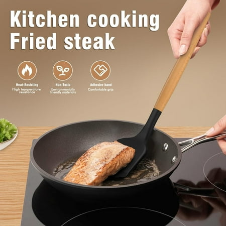 Silicone Cooking Utensils Set - Silicone Kitchen Utensils for Cooking Wooden Handles, 446?F Heat Resistant Kitchen Utensil Spatula Sets w Holder, Gadgets for Non-Stick Cookware BPA FREE (Black)