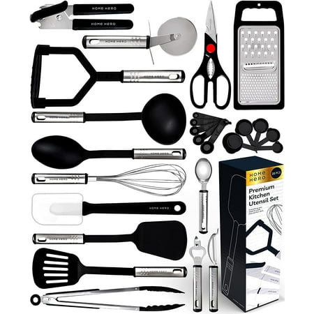 Home Hero 25 Pcs Silicone Spatula Kitchen Utensils Set - Stainless Steel and Nylon, Black, Black, Nylon