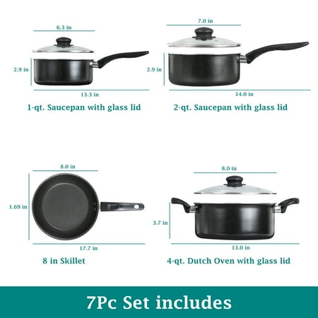 Mainstays 7 Piece Non Stick Aluminium, Pots and Pans Cookware Set, Black