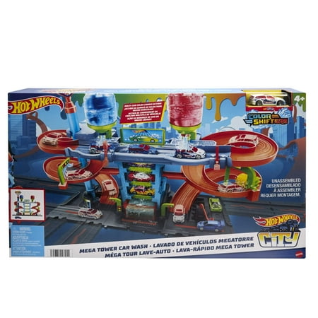 Hot Wheels City Mega Car Wash Playset with 1 Toy Color Shifters Car in 1:64 Scale, 7.01 in