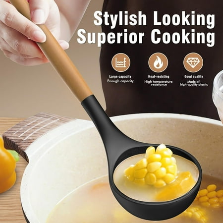 Silicone Cooking Utensils Set - Silicone Kitchen Utensils for Cooking Wooden Handles, 446?F Heat Resistant Kitchen Utensil Spatula Sets w Holder, Gadgets for Non-Stick Cookware BPA FREE (Black)