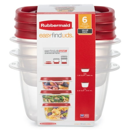 Rubbermaid Easy Find Lids Food Storage Containers, Racer Red, 6-Piece SetRed, (2) 1.25 Cup - (1) 2 Cup,