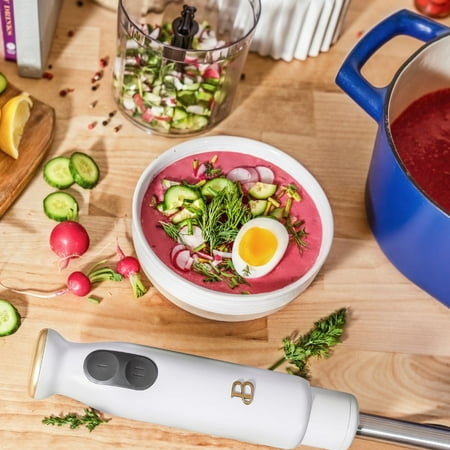 Beautiful 2-Speed Immersion Blender with Chopper & Measuring Cup, White Icing by Drew Barrymore, White