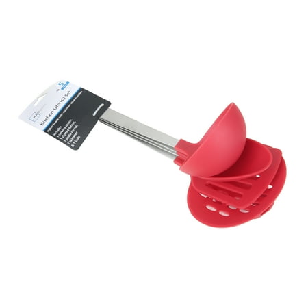 Mainstays Stainless Steel and Nylon Cooking Tool Set, Spoon, Spatula, Ladle, Pasta Spoon and Skimmer Assorted Colors