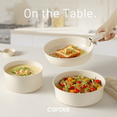 Carote Ceramic Cookware Set, Non Toxic Detachable Pots and Pans, 13 Pcs Induction Cookware, Cream