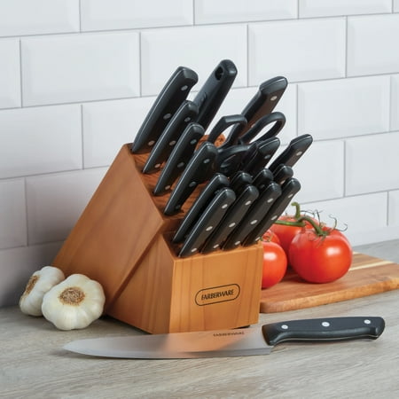 Farberware Stamped 20 Piece Triple Rivet Stainless Steel Kitchen Knife Set with Block Black