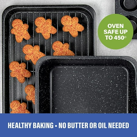 Granitestone Baking Pans 6 Piece Cookie Sheet Bakeware Set Nonstick Dish Tray Oven Pan Casserole Dish Jelly Roll Pan, Black, Black
