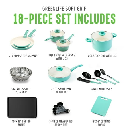 GreenLife 18-Piece Soft Grip Toxin-Free Healthy Ceramic Non-Stick Cookware Set, Turquoise, Dishwasher Safe