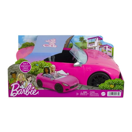 Barbie Convertible Toy Car, Bright Pink with Seatbelts and Rolling Wheels (Seats 2 Dolls), Toy for 3 Years and Up, One Size