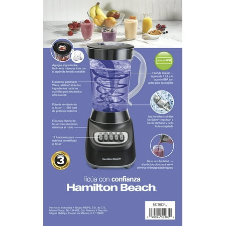 Hamilton Beach Smoothie Blender, 48 oz. Jar, Stainless Steel Blade, 12 Blending Functions, Black