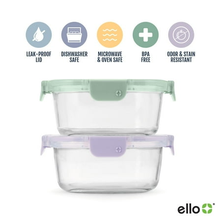 Ello Color Lock 3.4-Cup Round Glass Food Storage Container, 2pk