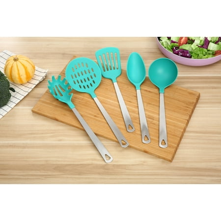 Mainstays Stainless Steel and Nylon Cooking Tool Set, Spoon, Spatula, Ladle, Pasta Spoon and Skimmer Assorted Colors