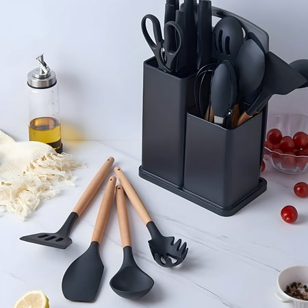 Kitchen Utensils Set- 19 Pcs Silicone Cooking Utensils Set for Nonstick Cookware-Silicone Spatulas Set, Kitchen Gadgets Tools, Pots and Pans Accessories-(Black 19 PCS Set)