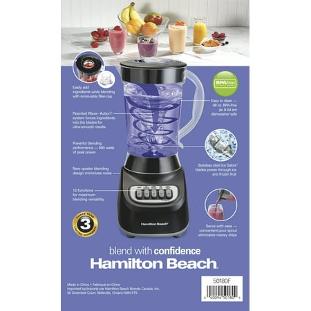 Hamilton Beach Smoothie Blender, 48 oz. Jar, Stainless Steel Blade, 12 Blending Functions, Black