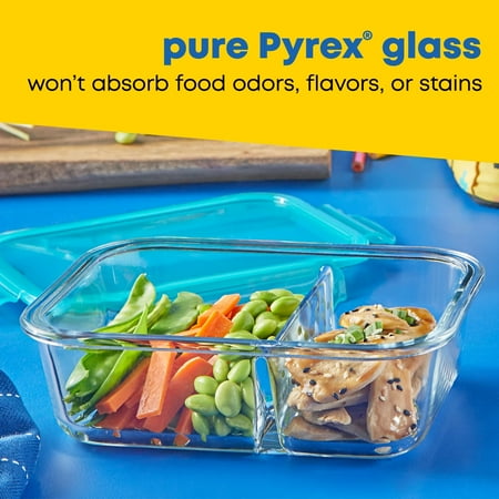 Pyrex MealBox 2.3-cup Divided Glass Food Storage Container with Blue Lid, 2.1 cup
