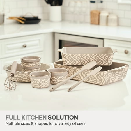Thyme & Table, 10-Piece Ceramic Bakeware Set, with Spatulas & Whisk, Madison, Gray