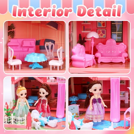 JoyStone Play Dollhouse with Doll Toy Figures, 14 Rooms Furniture and Colorful Lights, Creative Doll House Gift for Girls Ages 3+, Assemble Required, Pink, Pink