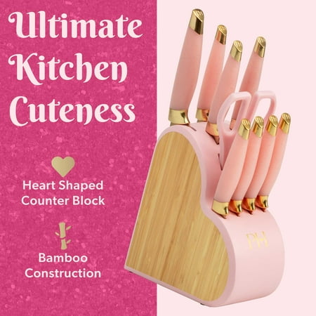 Paris Hilton 10-Piece Heart-Shaped Stainless Steel Knife Block Set, Pink, Pink