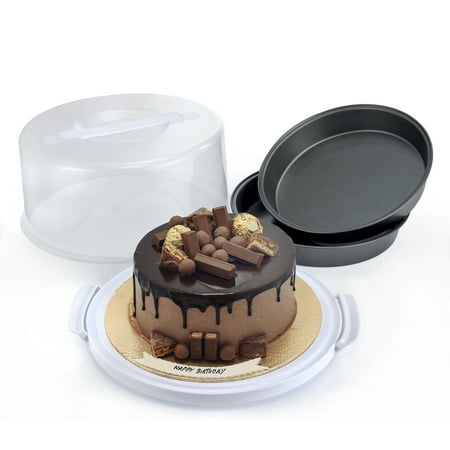 Mainstays 12 inch Clear Cake Carrier with 2pk 9 inch Gray Round Pans, Carbon Steel
