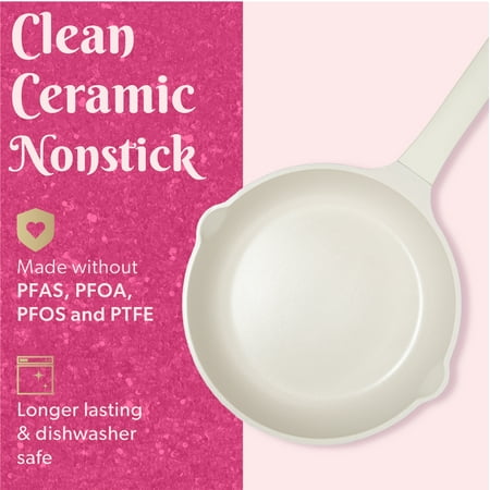 Paris Hilton Clean Ceramic Nonstick Cast Aluminum Cookware Set with Heart Knobs, Iridescent White, Other