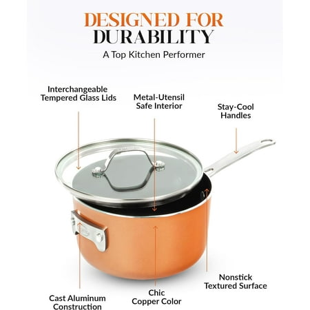 Gotham Steel Nonstick Pots and Pans 10 Piece Set Ceramic Cookware Kitchen Set Stackable Tempered Glass LidsGold,