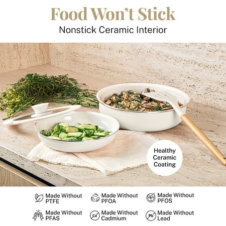 Gotham Steel Nonstick Pots and Pans 18 Piece Ceramic Induction Cookware Kitchen Set Detachable Handles Frying Skillet Cream