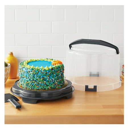Mainstays Round Plastic Cake and Cupcake Carrier, Clear with Gray Handle, Clasps and Base (1 Each) Includes Slice-and-Server Utensil, 13.2" x 8.5"