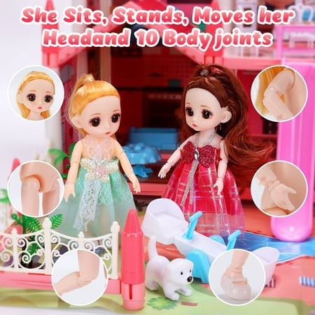 JoyStone Play Dollhouse with Doll Toy Figures, 14 Rooms Furniture and Colorful Lights, Creative Doll House Gift for Girls Ages 3+, Assemble Required, Pink, Pink