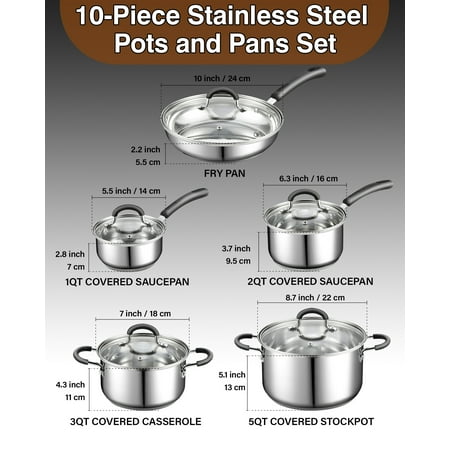 Cook N Home Stainless Steel Cookware Sets 10-Piece, Pots and Pans Kitchen Cooking Set with Stay-Cool Handles, Dishwasher Safe, Silver