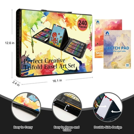 Art Supplies, 240-Piece Drawing Art kit, Gifts Art Set Case with Double Sided Trifold Easel, Includes Oil Pastels, Crayons, Colored Pencils, Watercolor Cakes, Sketch Pad (BLACK)