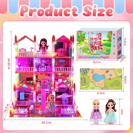JoyStone Play Dollhouse with Doll Toy Figures, 14 Rooms Furniture and Colorful Lights, Creative Doll House Gift for Girls Ages 3+, Assemble Required, Pink, Pink