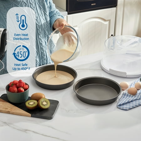 Mainstays 12 inch Clear Cake Carrier with 2pk 9 inch Gray Round Pans, Carbon Steel