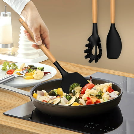 Silicone Cooking Utensils Set - Silicone Kitchen Utensils for Cooking Wooden Handles, 446?F Heat Resistant Kitchen Utensil Spatula Sets w Holder, Gadgets for Non-Stick Cookware BPA FREE (Black)