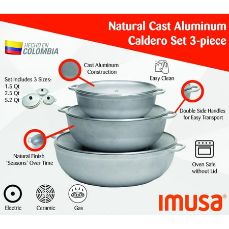 IMUSA 3Pc Colombian Cast Aluminum Caldero or Dutch Oven Set with Lid