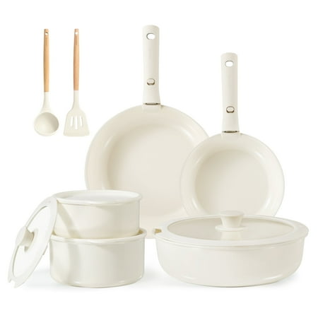 Carote Ceramic Cookware Set, Non Toxic Detachable Pots and Pans, 13 Pcs Induction Cookware, Cream