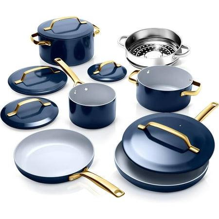 Gotham Steel Nonstick Pots and Pans 11 Piece Set Ceramic Induction Cookware Kitchen Set Frying Skillet Saucepan, Navy Blue, Blue