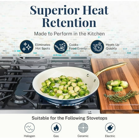 Gotham Steel 12 Piece Pots and Pans Nonstick Set Ceramic Cookware Kitchen Set, With Frying Skillet, Saucepan | Navy Cream