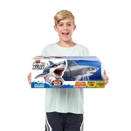 Robo Alive Great White Shark Series 1 by Zuru, Battery-Powered Robotic Light Up Shark Toy, Summer Pool Toy, Bath Toy