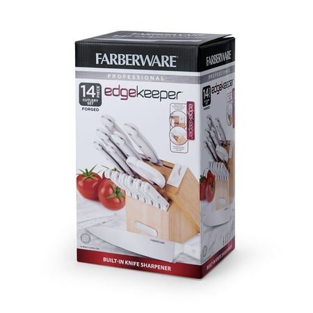 Farberware EdgeKeeper 14-Piece Forged Triple Rivet Kitchen Knife Set with Block White, White