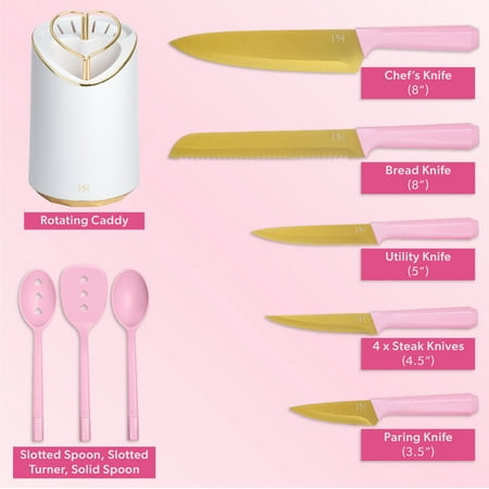 Paris Hilton 12 Piece Knife and Kitchen Utensil Set with Caddy, Pink